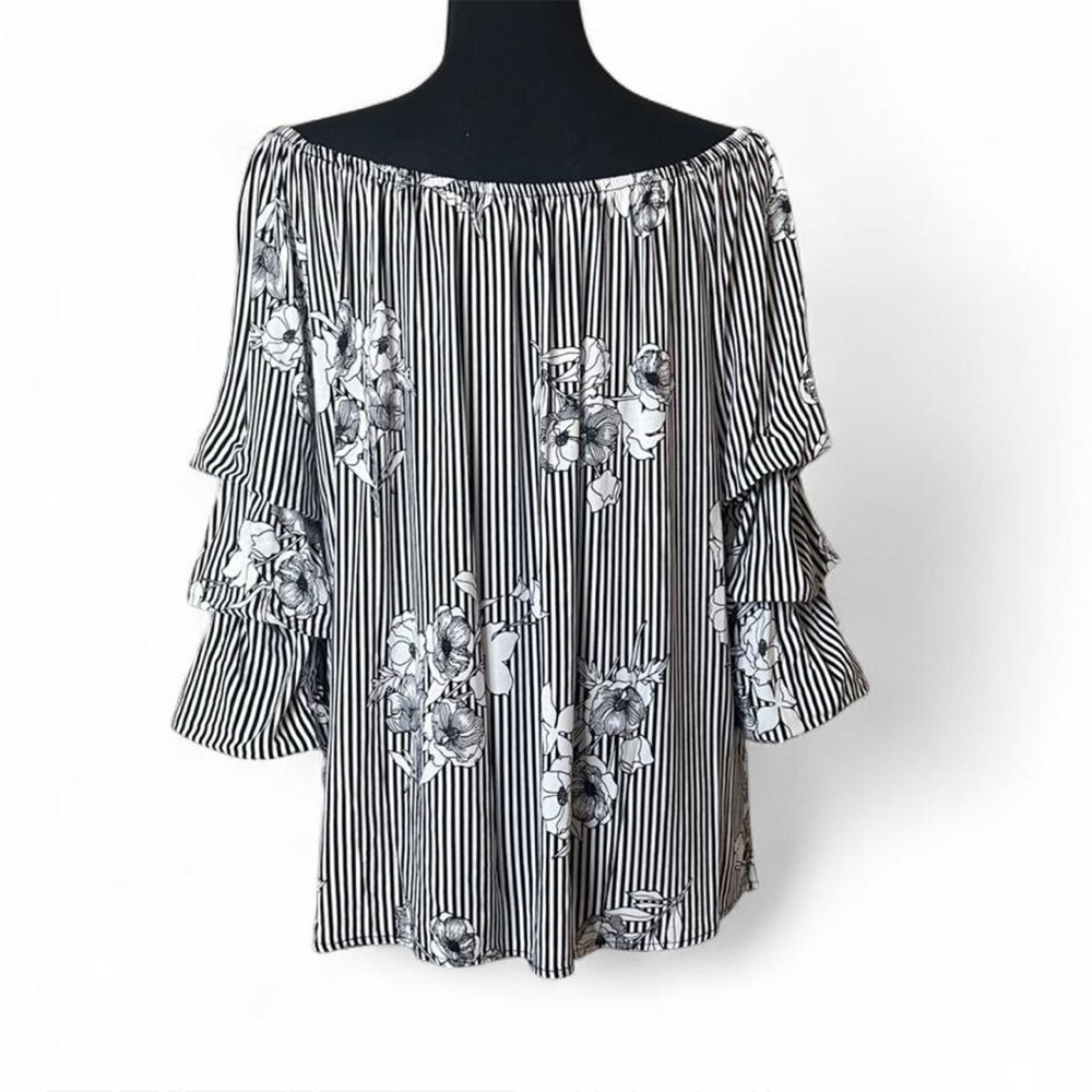Crave Fame Black & White Floral Striped Blouse 3/4 Tiered Balloon Sleeve Goth XL